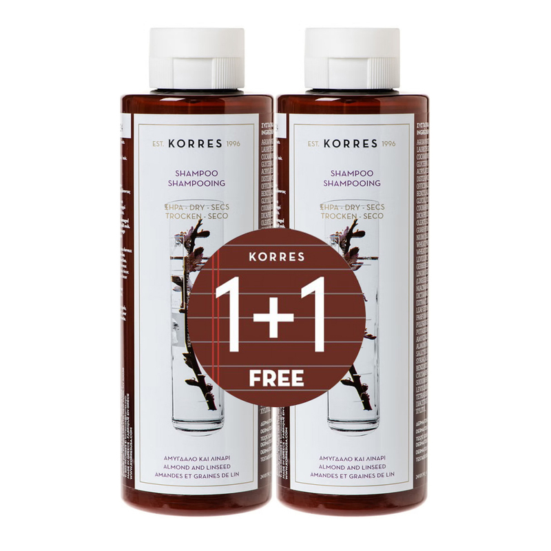 KORRES SET Shampoo Almond & Linseed (1+1) Șampon pentru păr uscat și deteriorat